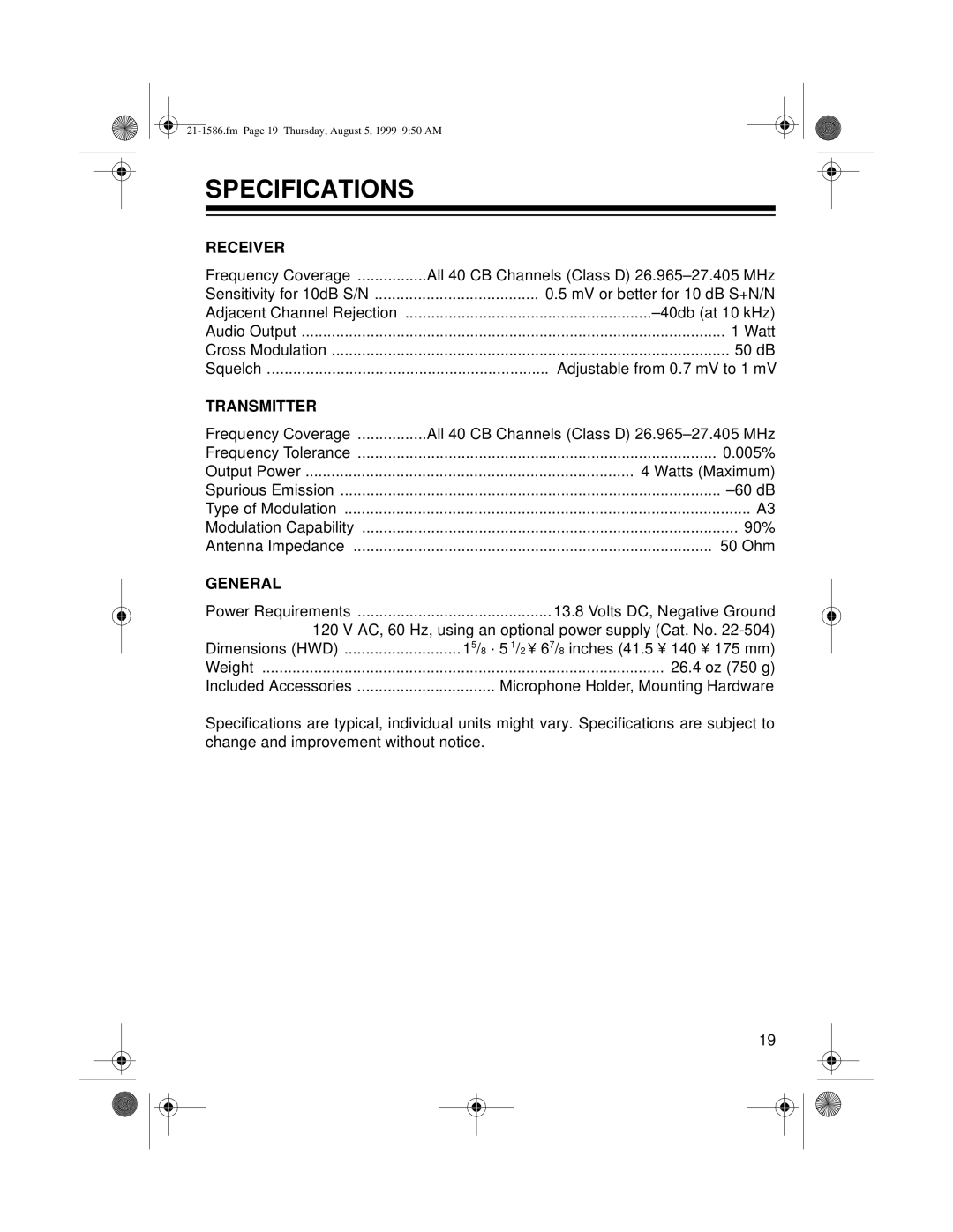 Radio Shack TRC-442 owner manual Specifications, Receiver 