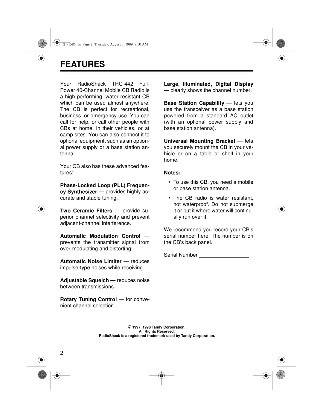 Radio Shack TRC-442 owner manual Features 