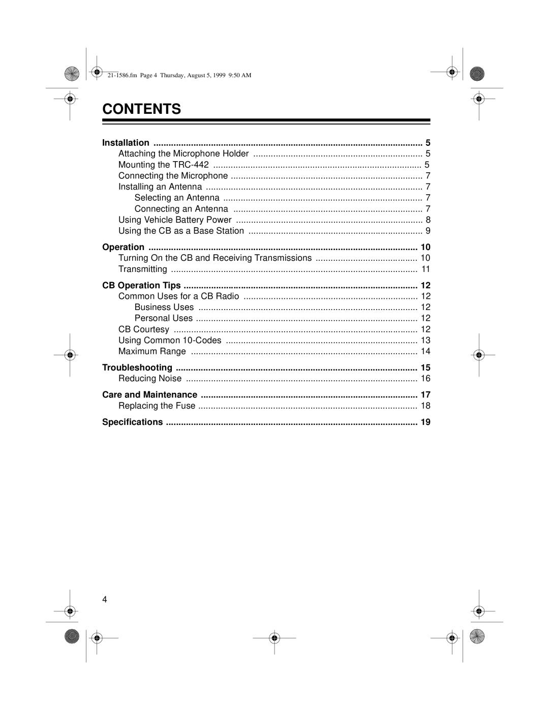 Radio Shack TRC-442 owner manual Contents 