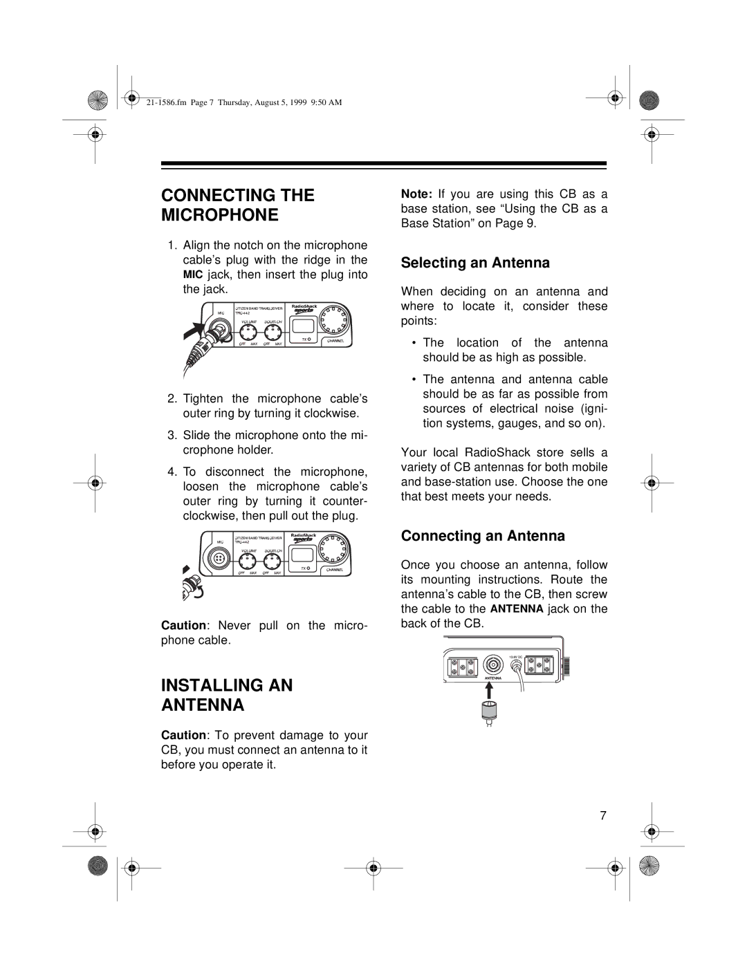 Radio Shack TRC-442 owner manual Connecting Microphone, Installing AN Antenna 