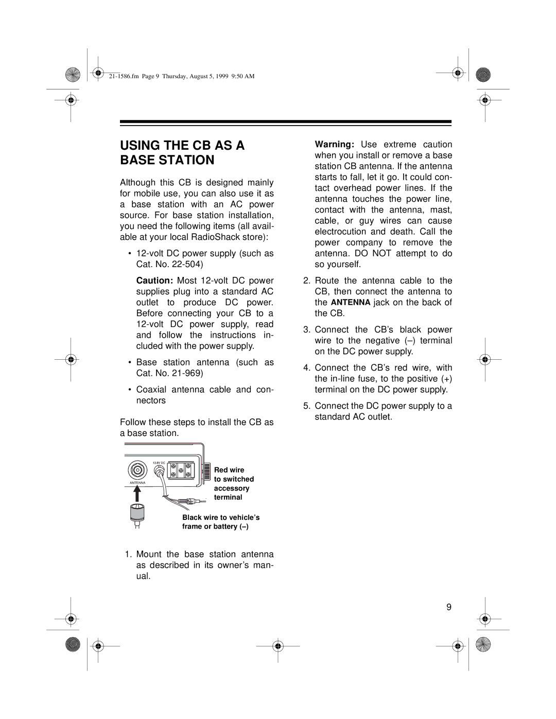 Radio Shack TRC-442 owner manual Using the CB AS a Base Station 