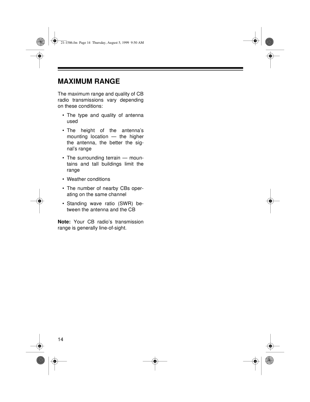 Radio Shack TRC-442 owner manual Maximum Range 