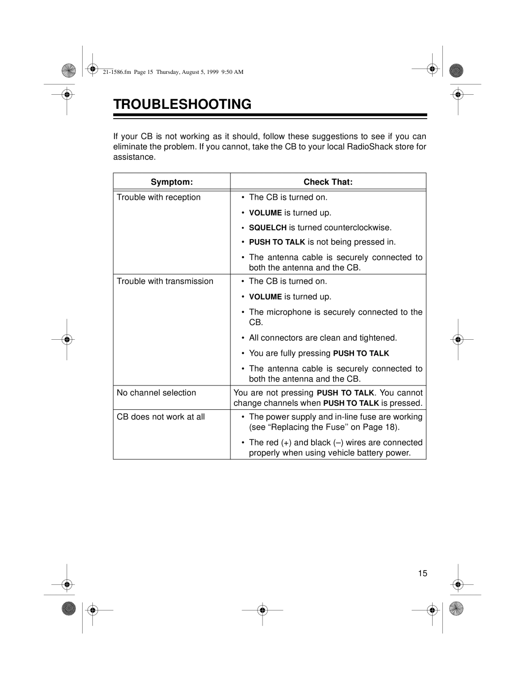 Radio Shack TRC-442 owner manual Troubleshooting, Symptom, Check That 