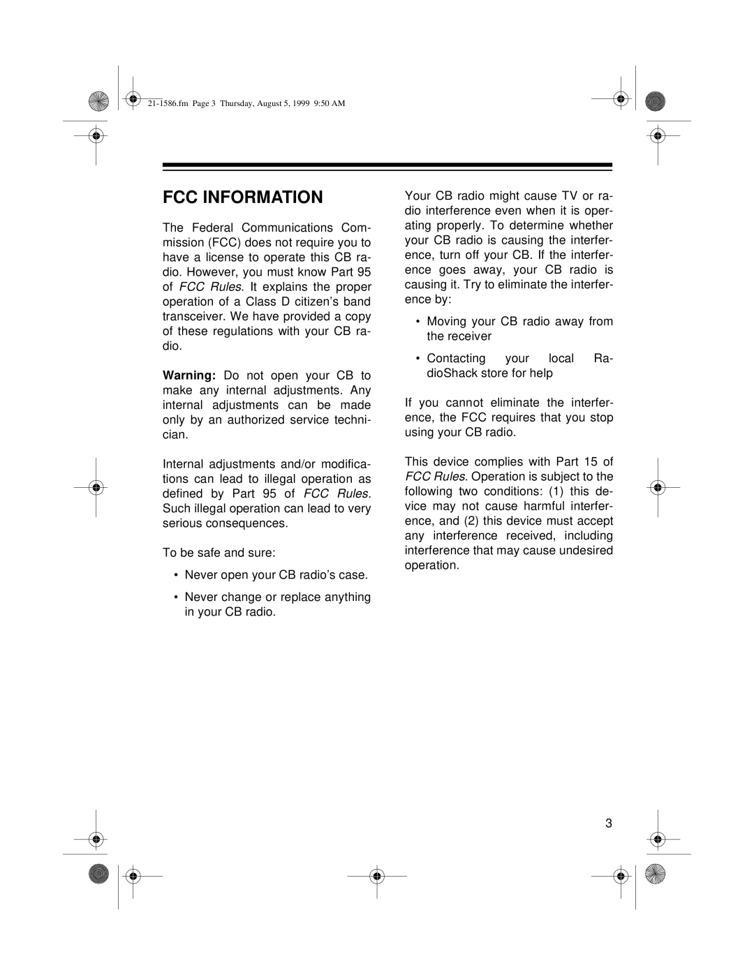 Radio Shack TRC-442 owner manual Fcc Information 