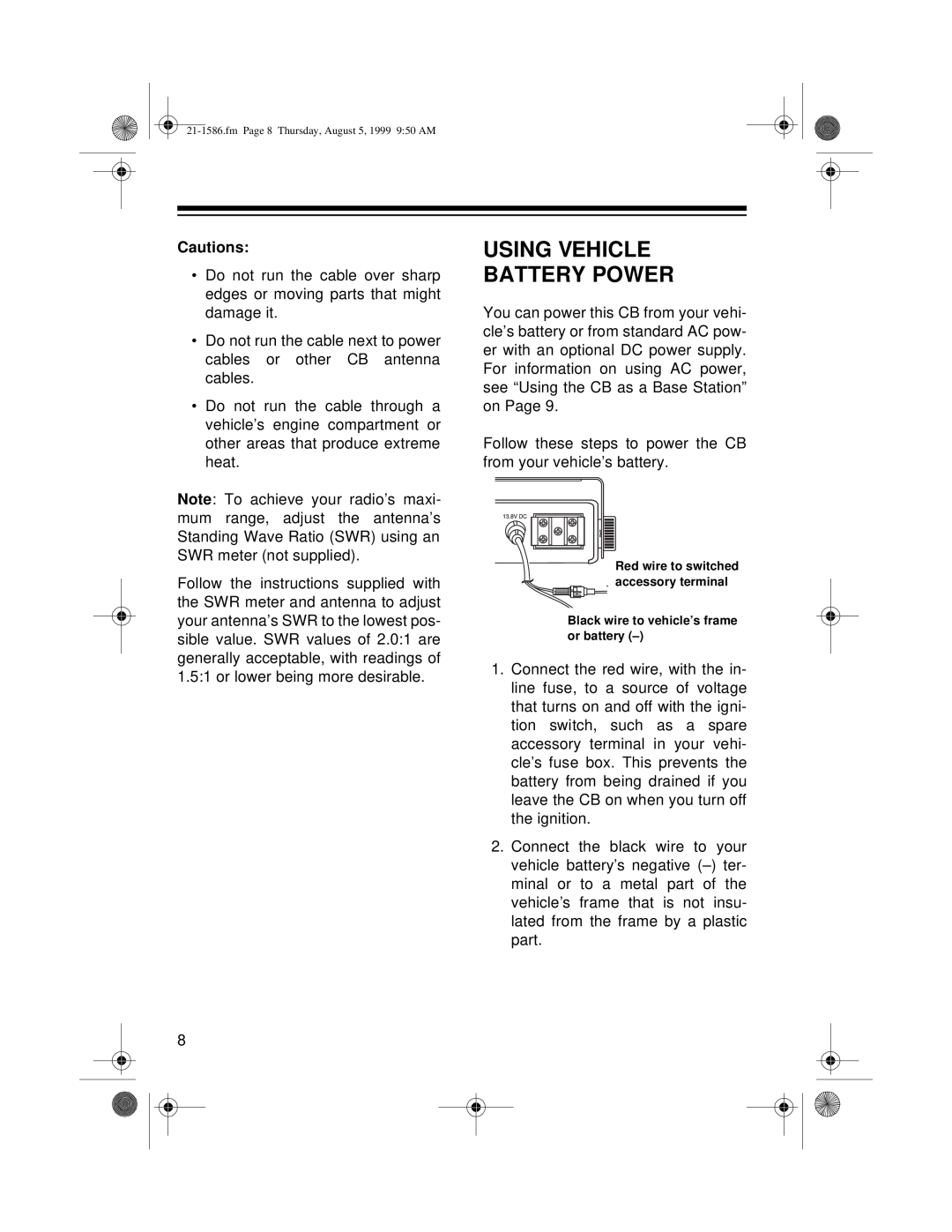 Radio Shack TRC-442 owner manual Using Vehicle Battery Power 