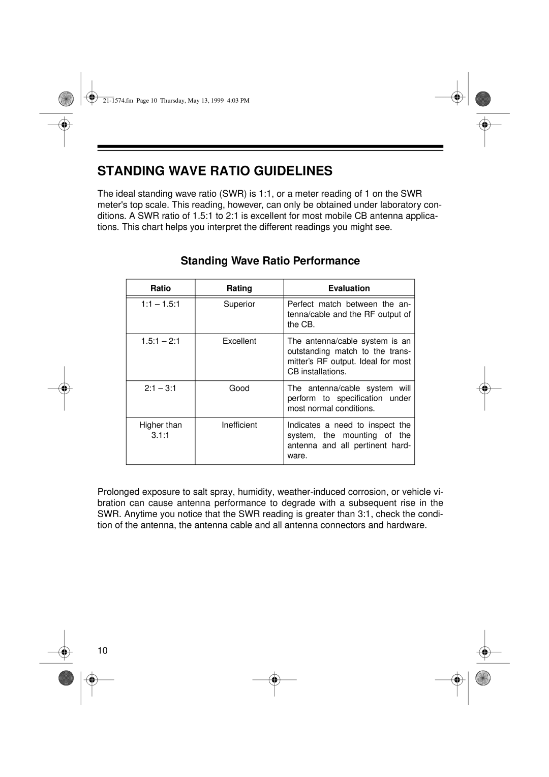 Radio Shack TRC-446 owner manual Standing Wave Ratio Guidelines, Standing Wave Ratio Performance, Ratio Rating Evaluation 