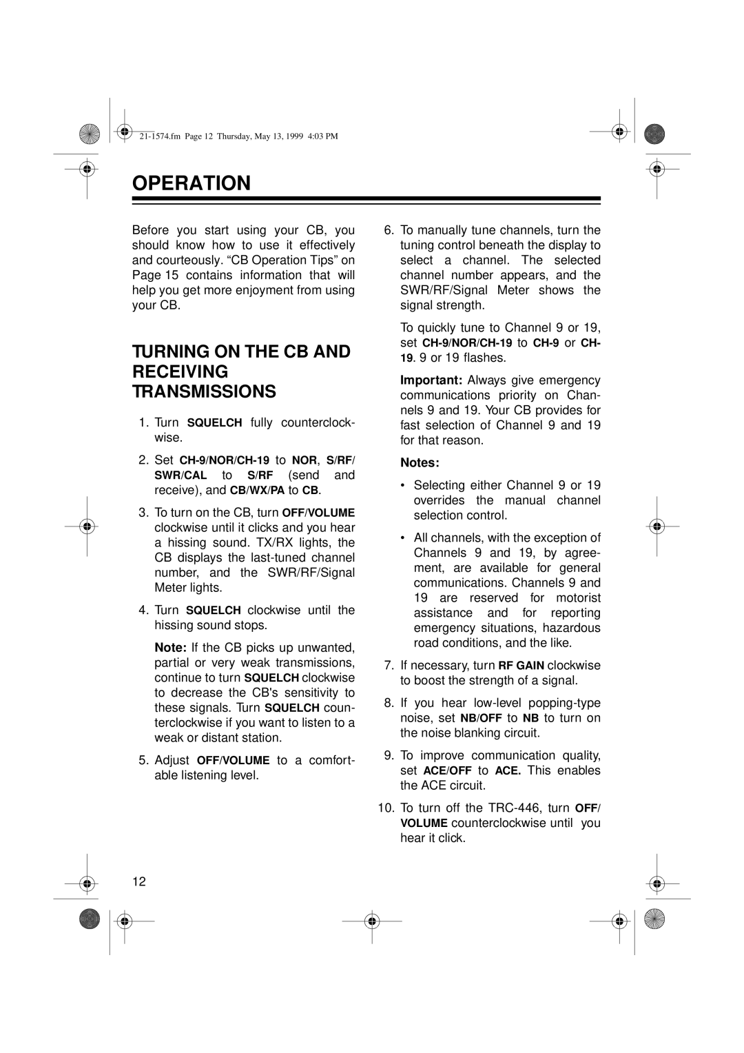 Radio Shack TRC-446 owner manual Operation, Turning on the CB and Receiving Transmissions 