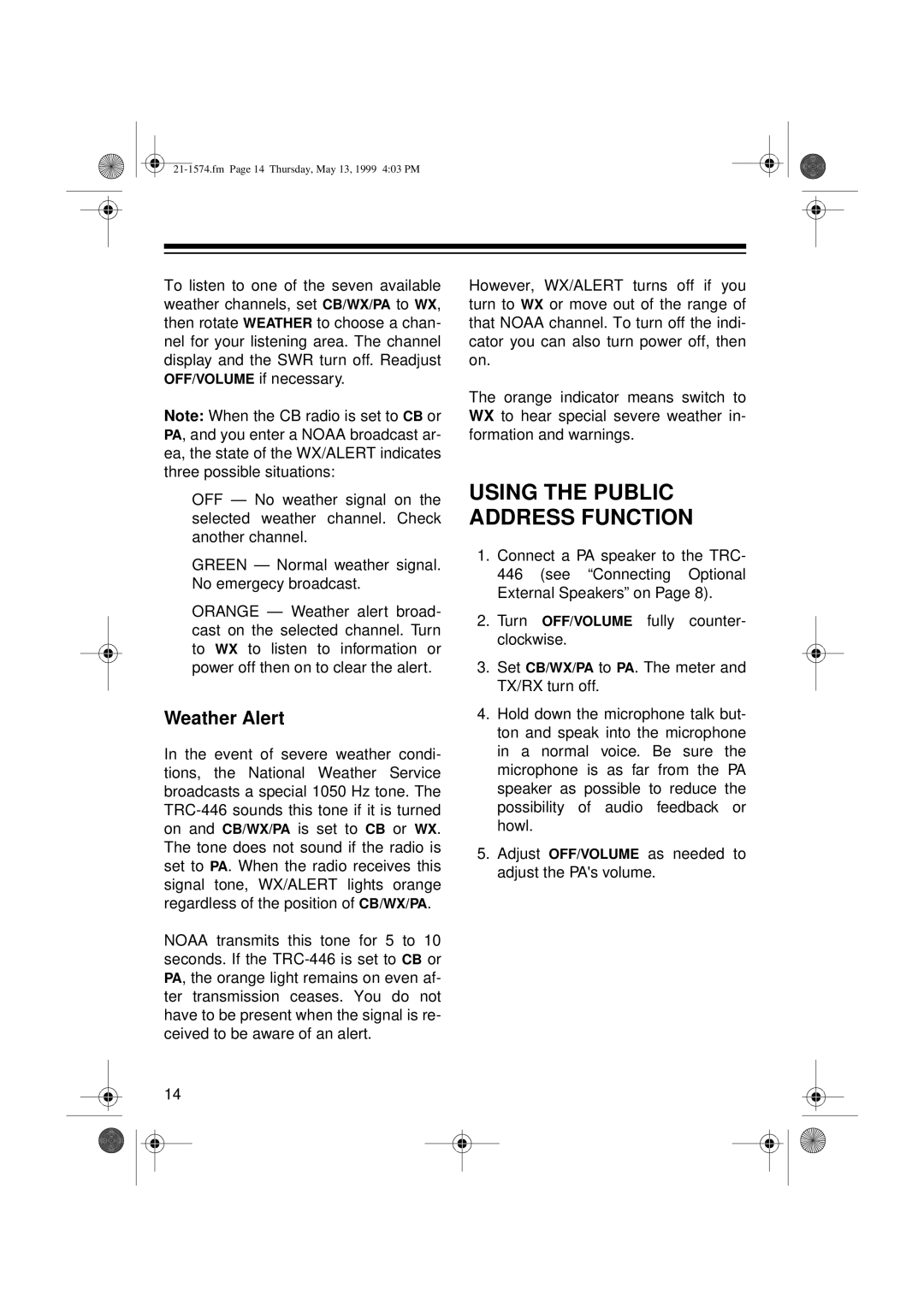 Radio Shack TRC-446 owner manual Using the Public Address Function, Weather Alert 