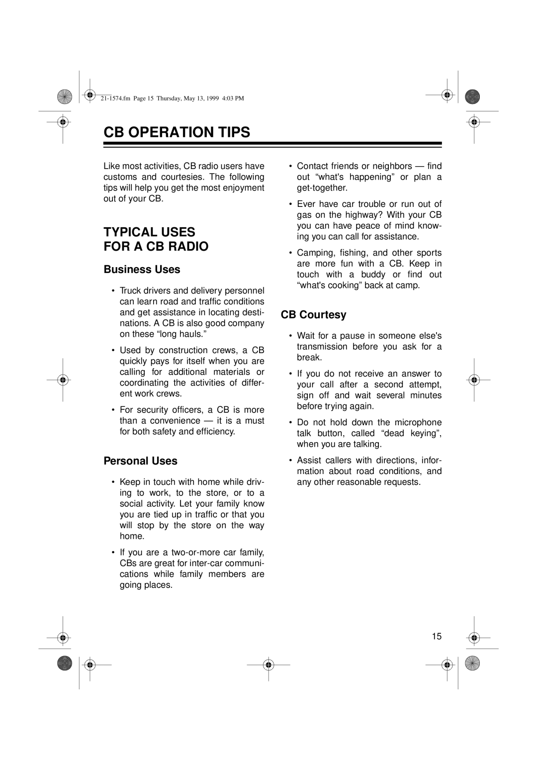 Radio Shack TRC-446 owner manual CB Operation Tips, Typical Uses For a CB Radio, Business Uses, Personal Uses, CB Courtesy 