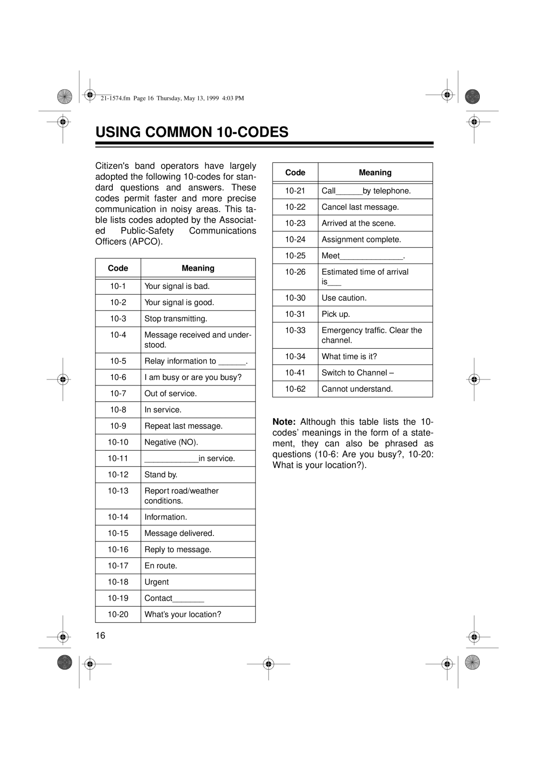 Radio Shack TRC-446 owner manual Using Common 10-CODES, Code Meaning 