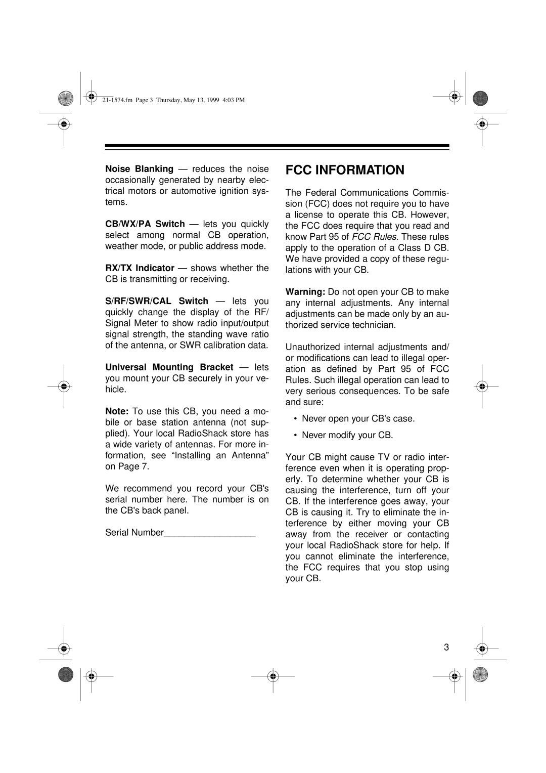 Radio Shack TRC-446 owner manual FCC Information 