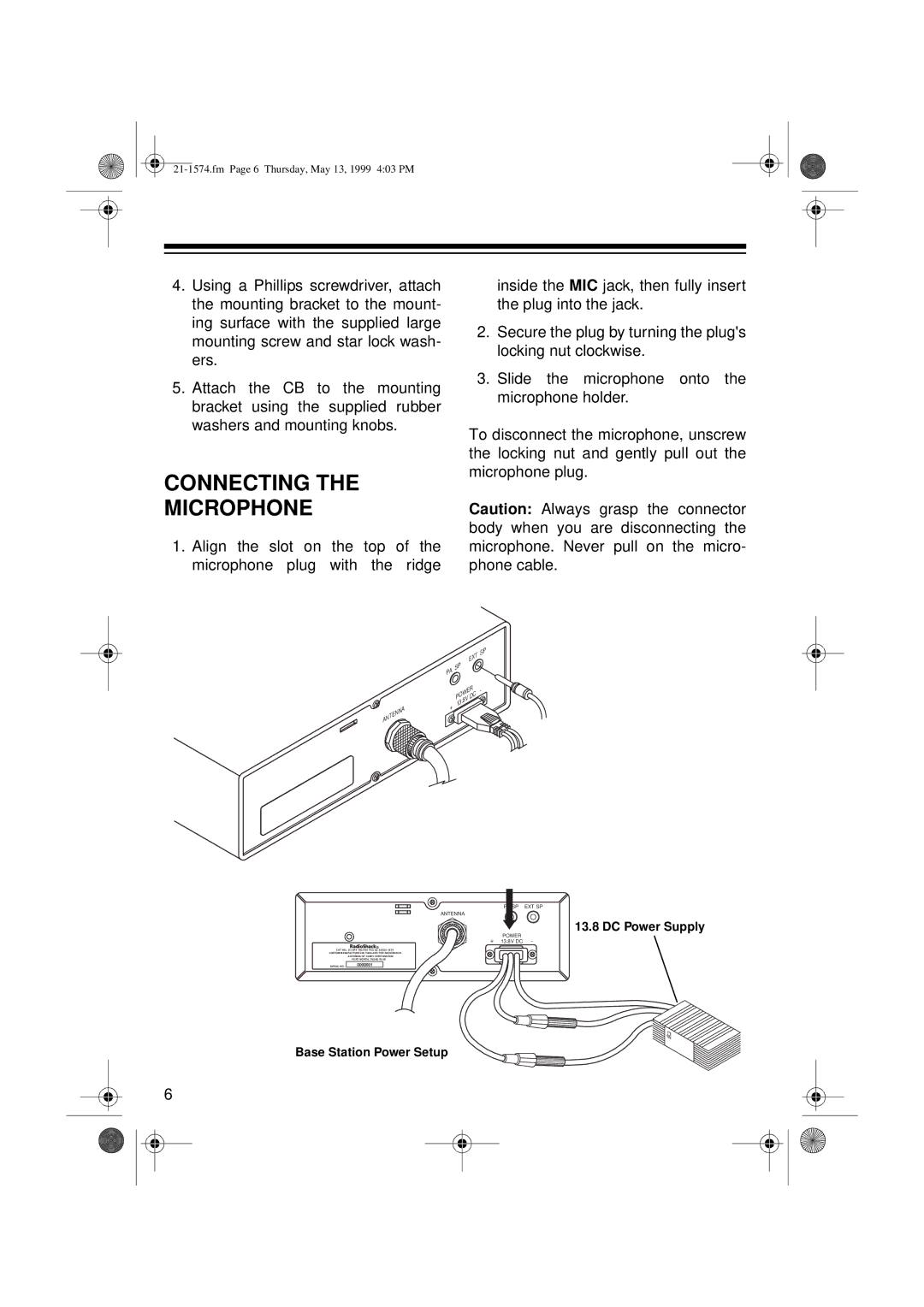 Radio Shack TRC-446 owner manual Connecting Microphone, Antenna 