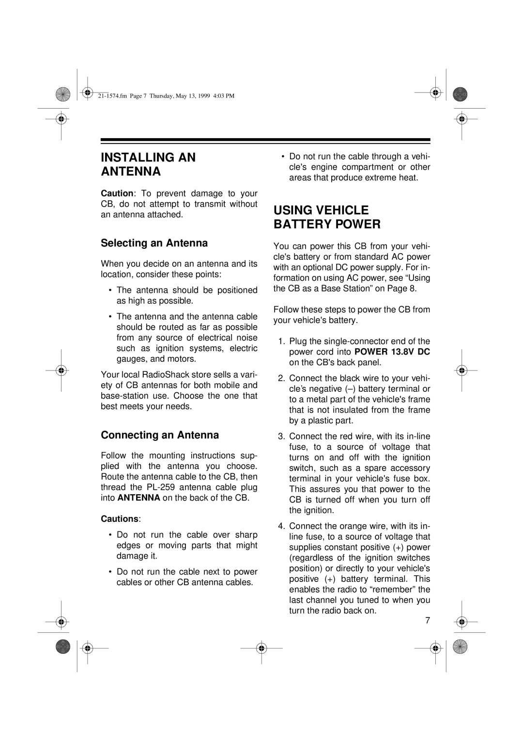 Radio Shack TRC-446 Installing AN Antenna, Using Vehicle Battery Power, Selecting an Antenna, Connecting an Antenna 