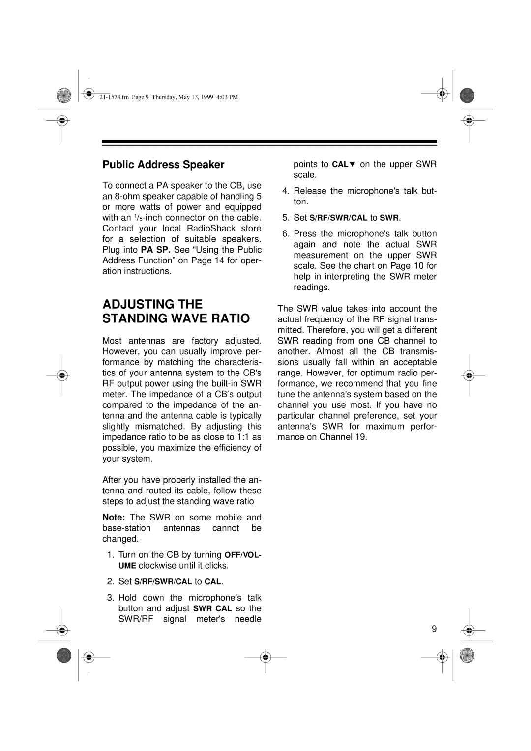 Radio Shack TRC-446 owner manual Adjusting the Standing Wave Ratio, Public Address Speaker, Set S/RF/SWR/CAL to CAL 