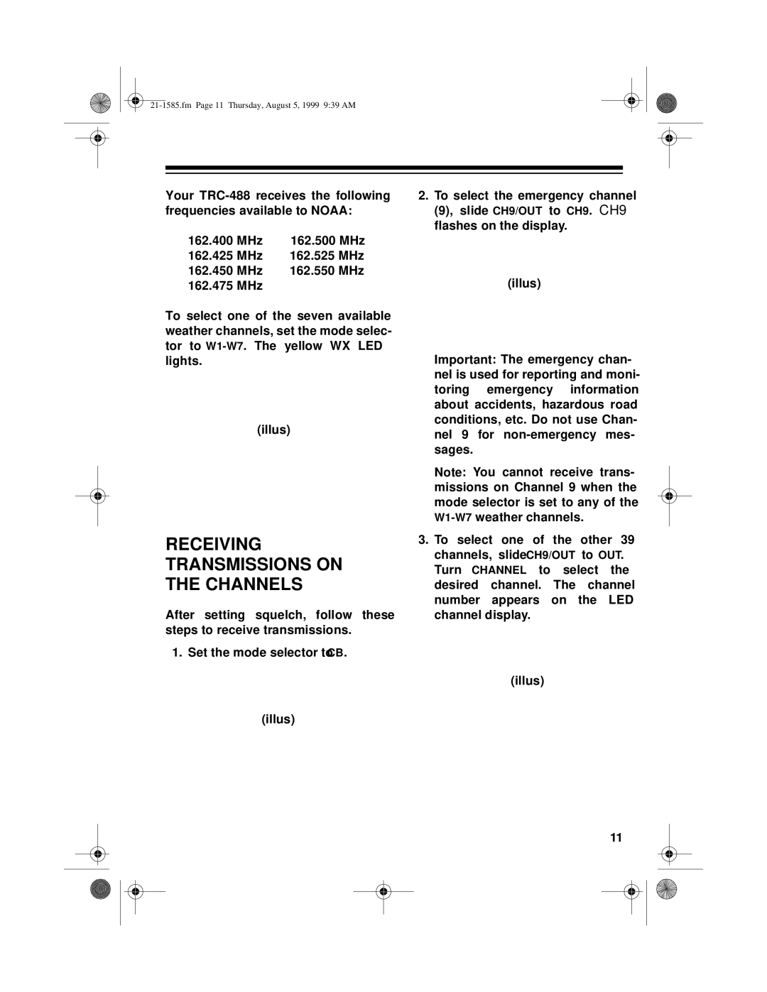 Radio Shack TRC-488 owner manual Receiving Transmissions on the Channels 