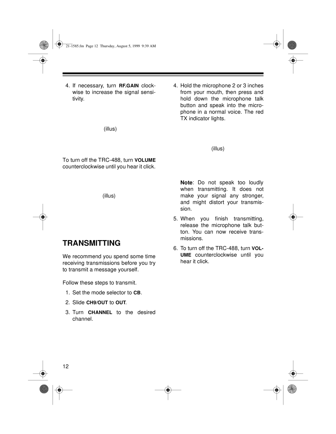 Radio Shack TRC-488 owner manual Transmitting 