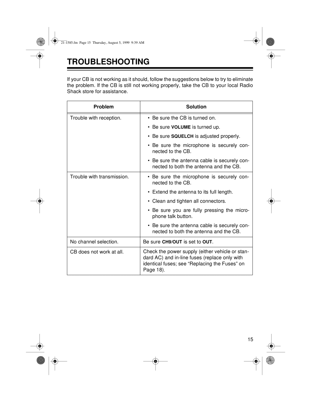 Radio Shack TRC-488 owner manual Troubleshooting, Problem Solution 