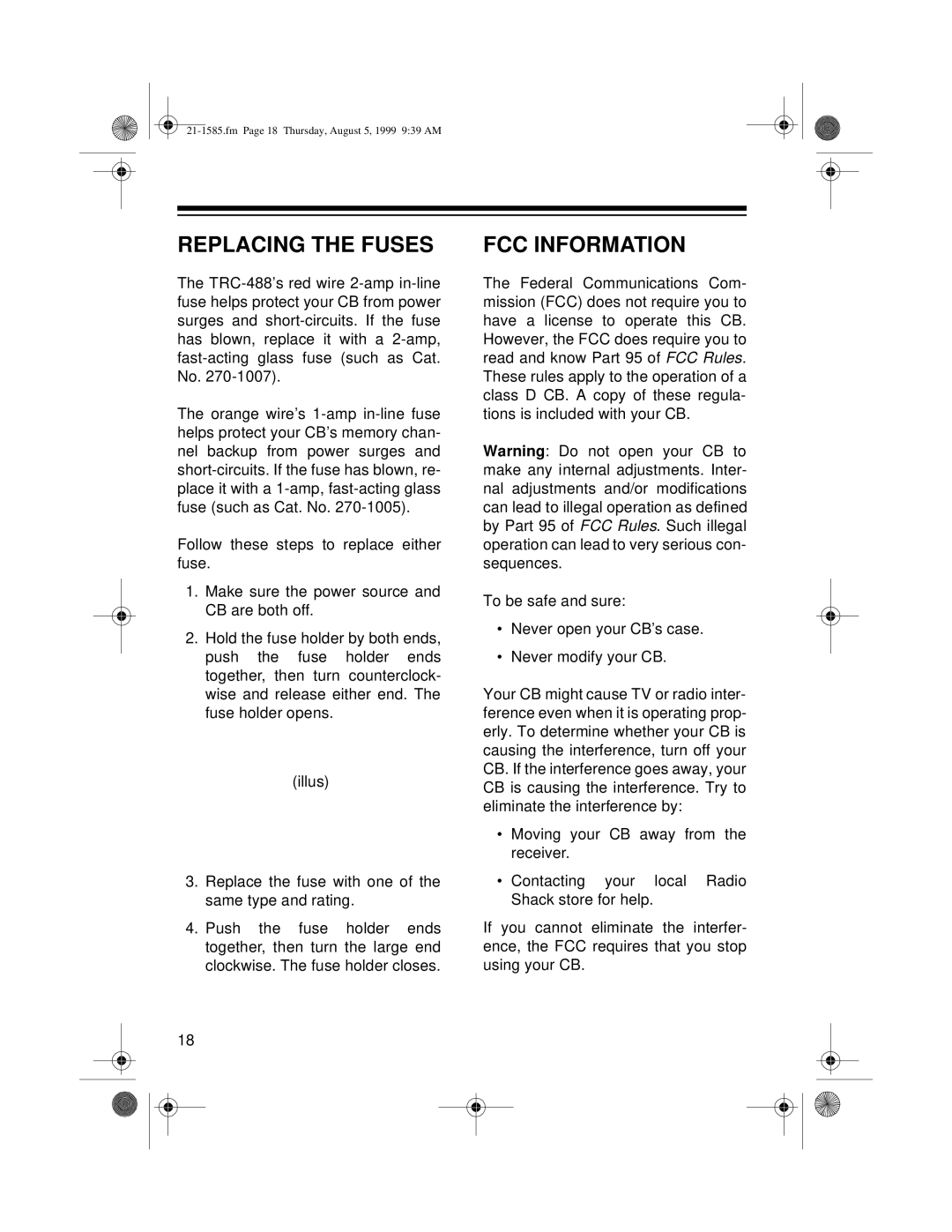 Radio Shack TRC-488 owner manual Replacing the Fuses, FCC Information 