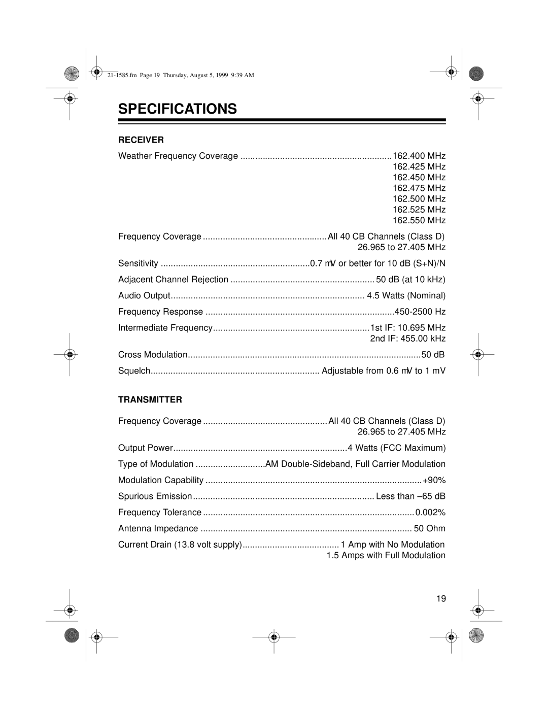 Radio Shack TRC-488 owner manual Specifications, Receiver 