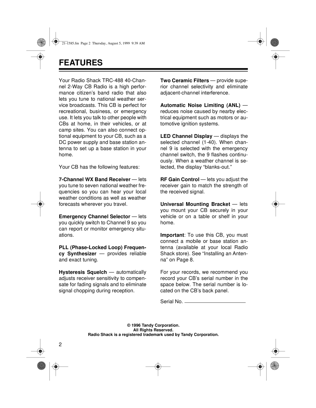 Radio Shack TRC-488 owner manual Features 