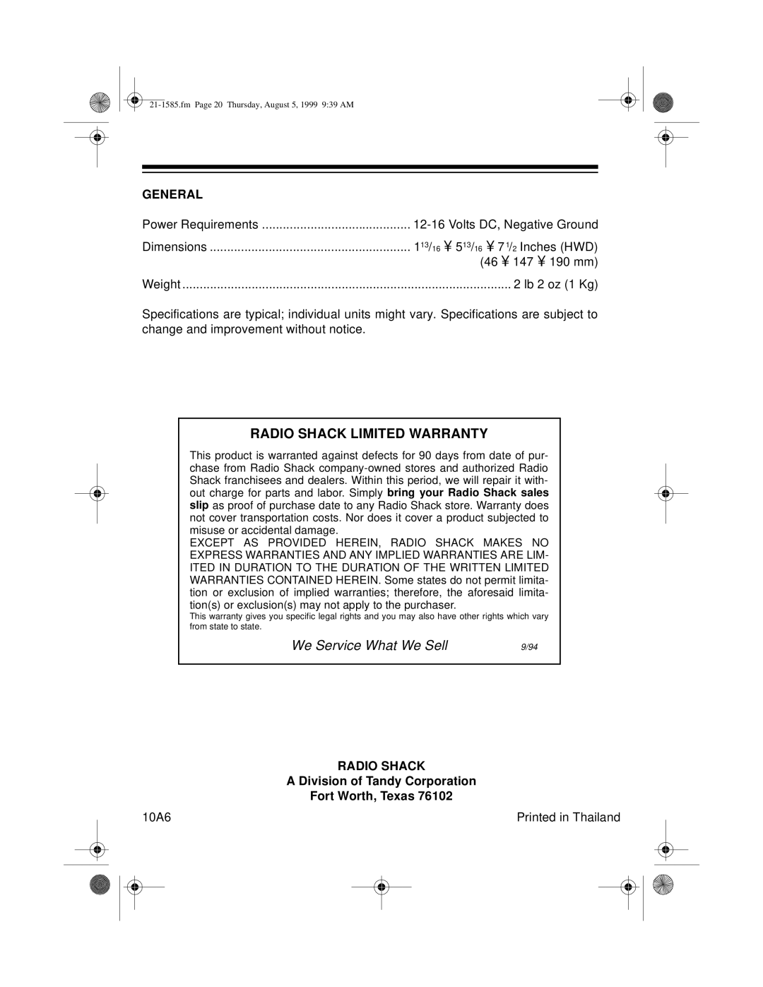 Radio Shack TRC-488 owner manual Radio Shack Limited Warranty 