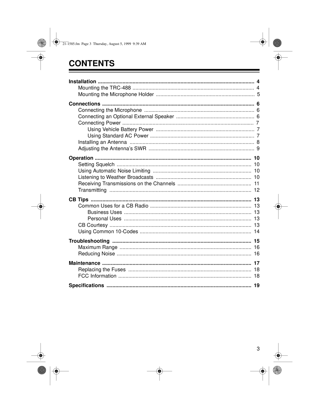 Radio Shack TRC-488 owner manual Contents 