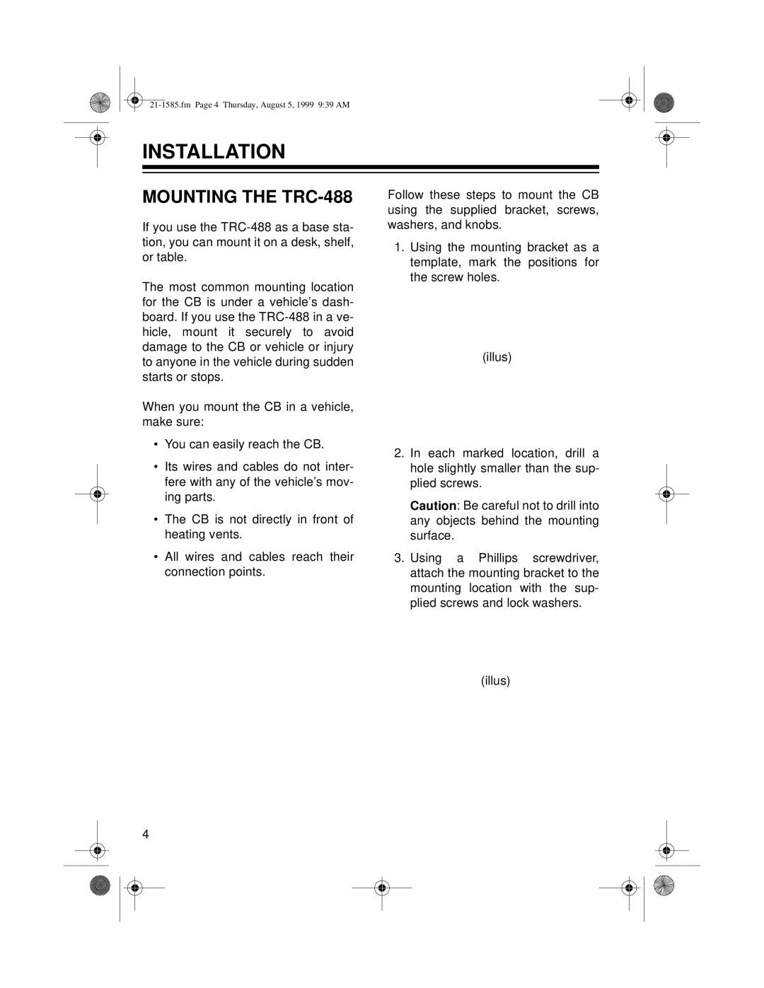 Radio Shack owner manual Installation, Mounting the TRC-488 