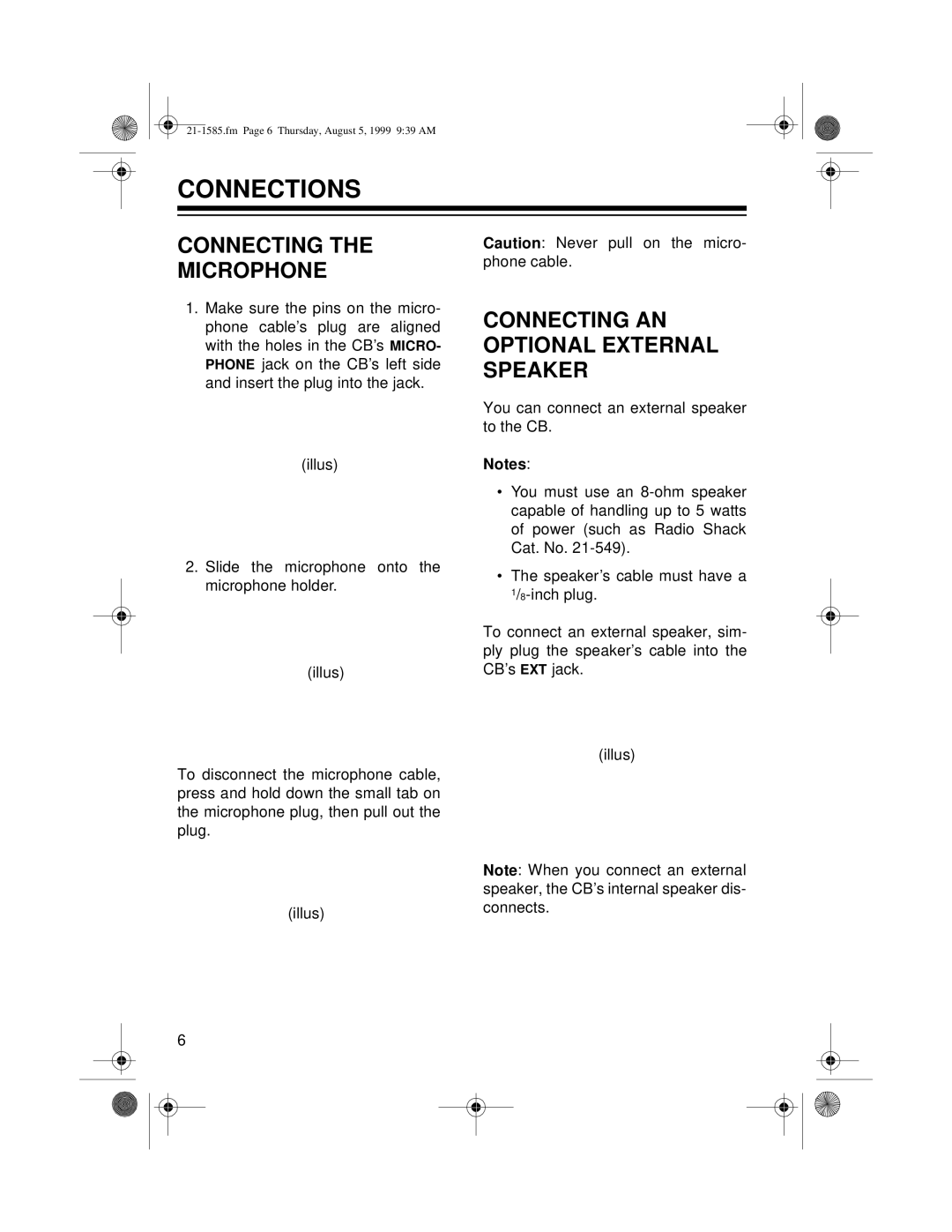 Radio Shack TRC-488 owner manual Connections, Connecting Microphone, Connecting AN Optional External Speaker 