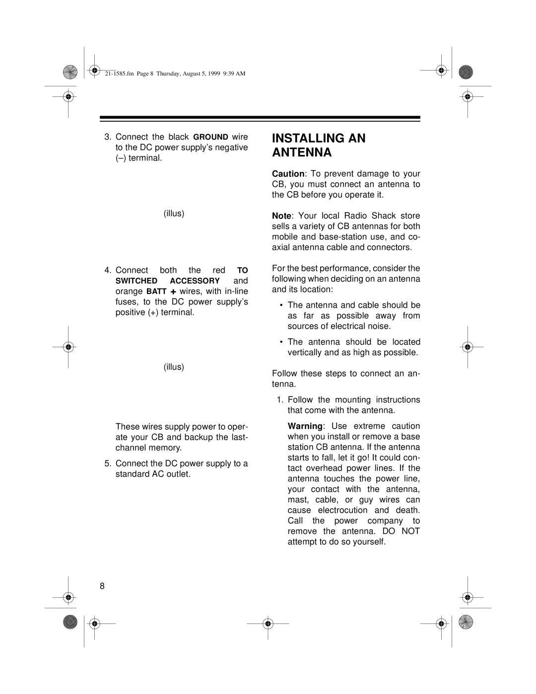 Radio Shack TRC-488 owner manual Installing AN Antenna 