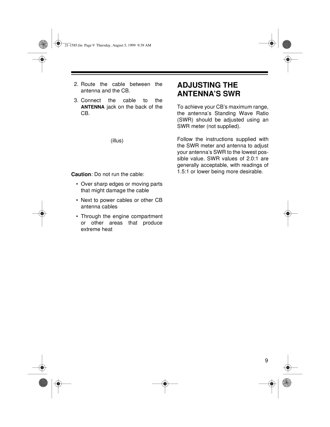 Radio Shack TRC-488 owner manual Adjusting ANTENNA’S SWR 