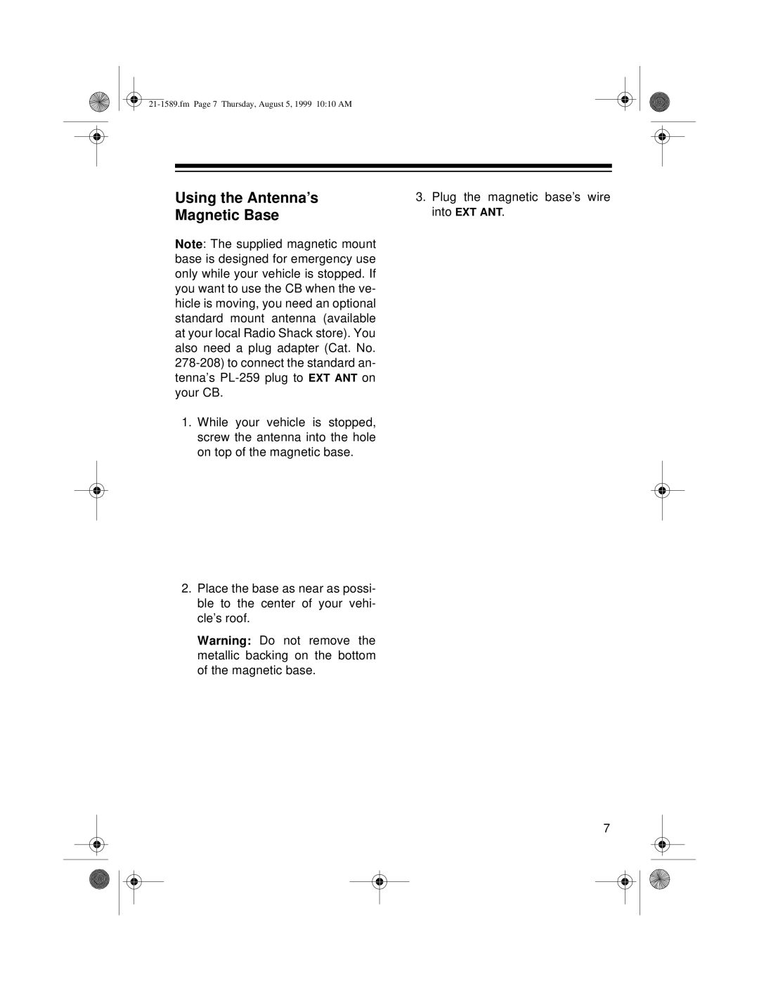 Radio Shack TRC-494 owner manual Using the Antenna’s Magnetic Base 