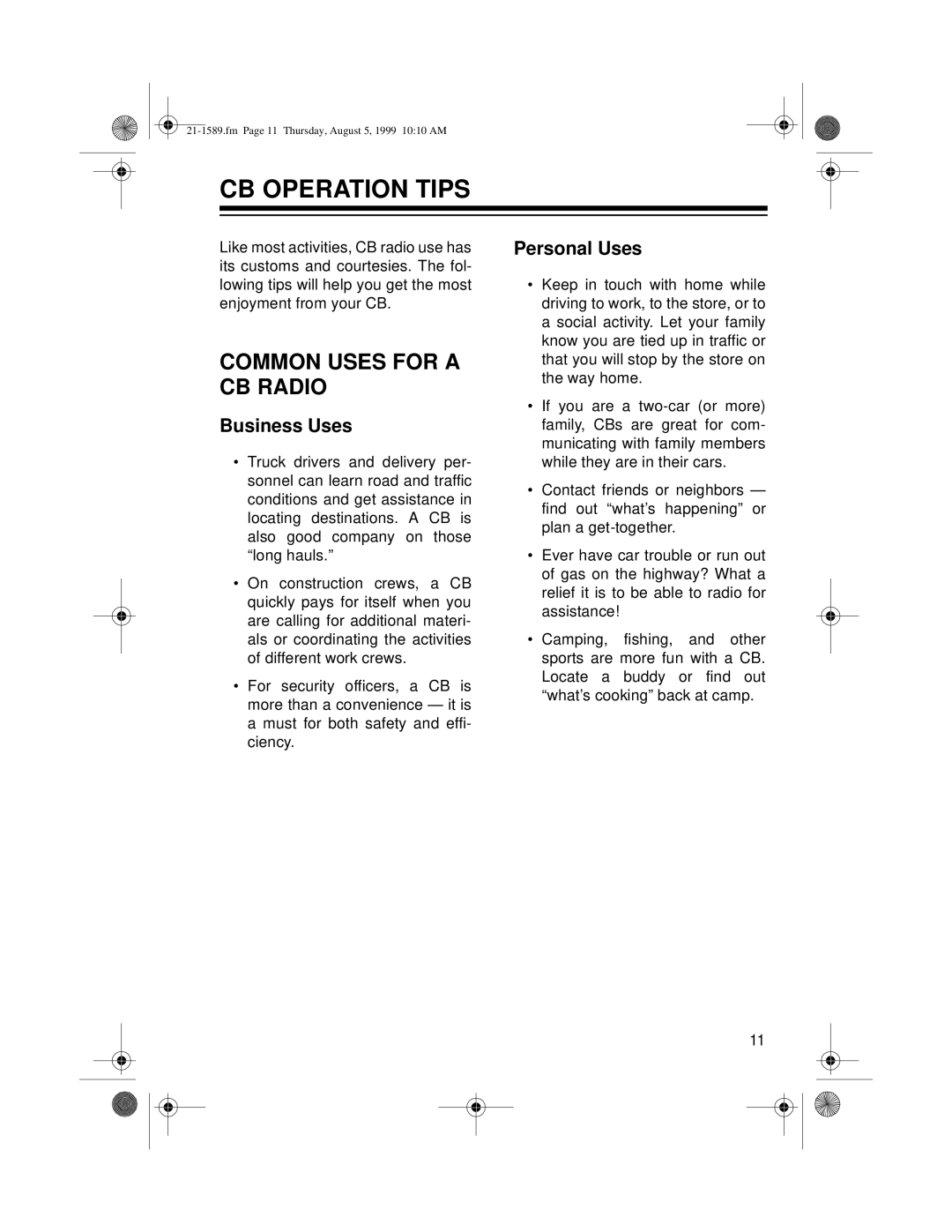 Radio Shack TRC-494 owner manual CB Operation Tips, Common Uses for a CB Radio 