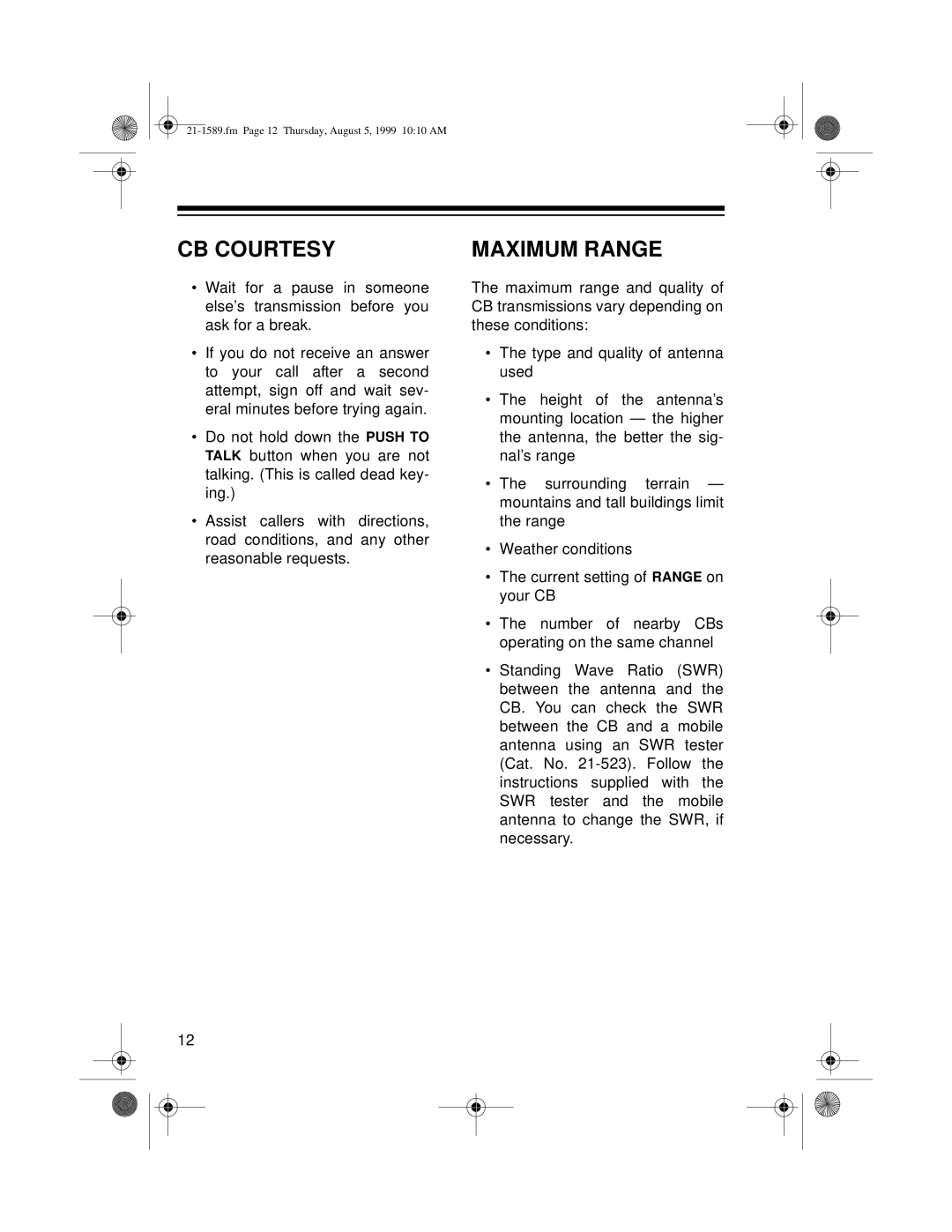 Radio Shack TRC-494 owner manual CB Courtesy, Maximum Range 