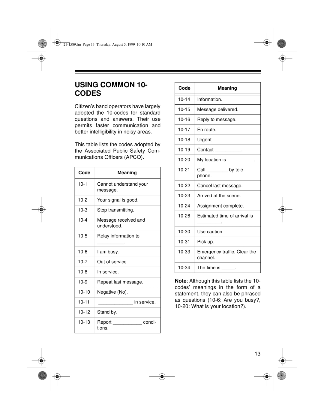 Radio Shack TRC-494 owner manual Using Common Codes, Code Meaning 