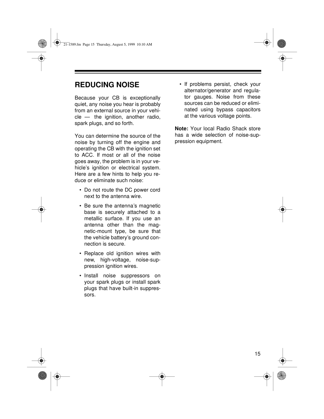 Radio Shack TRC-494 owner manual Reducing Noise 