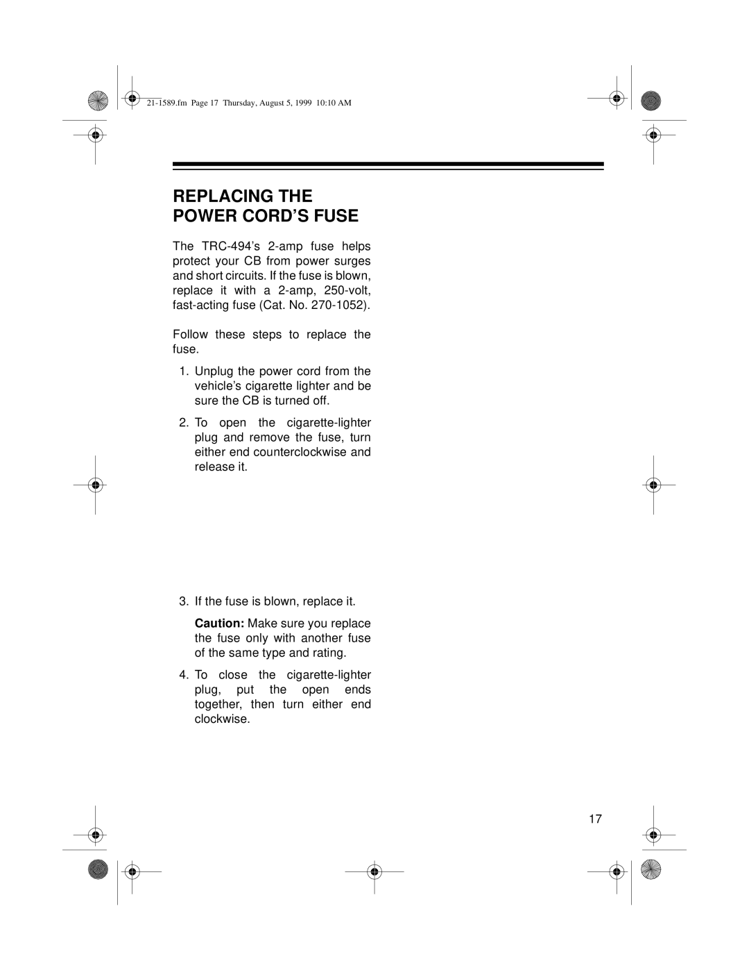 Radio Shack TRC-494 owner manual Replacing the Power CORD’S Fuse 