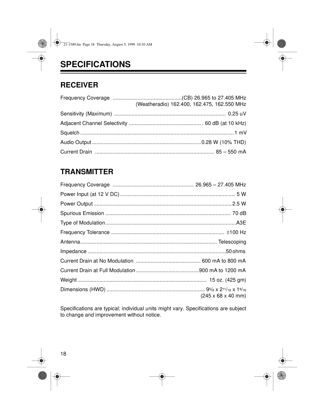 Radio Shack TRC-494 owner manual Specifications 