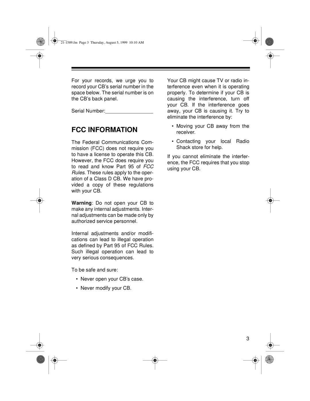 Radio Shack TRC-494 owner manual FCC Information 