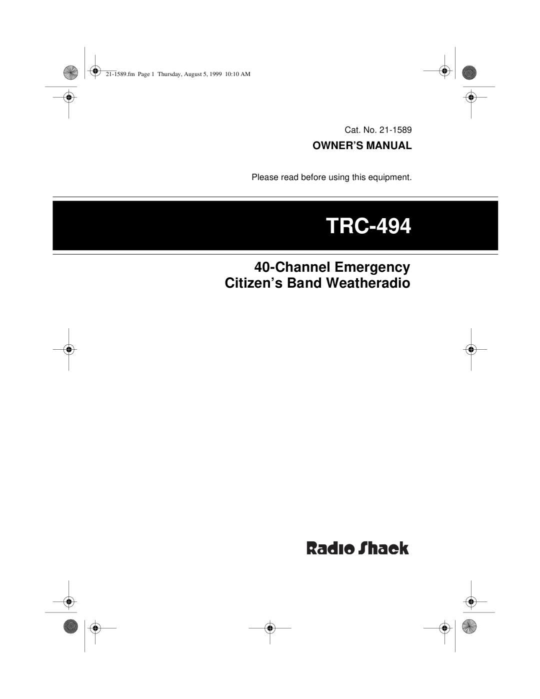 Radio Shack TRC-494 owner manual Channel Emergency Citizen’s Band Weatheradio, Owner’S Manual 