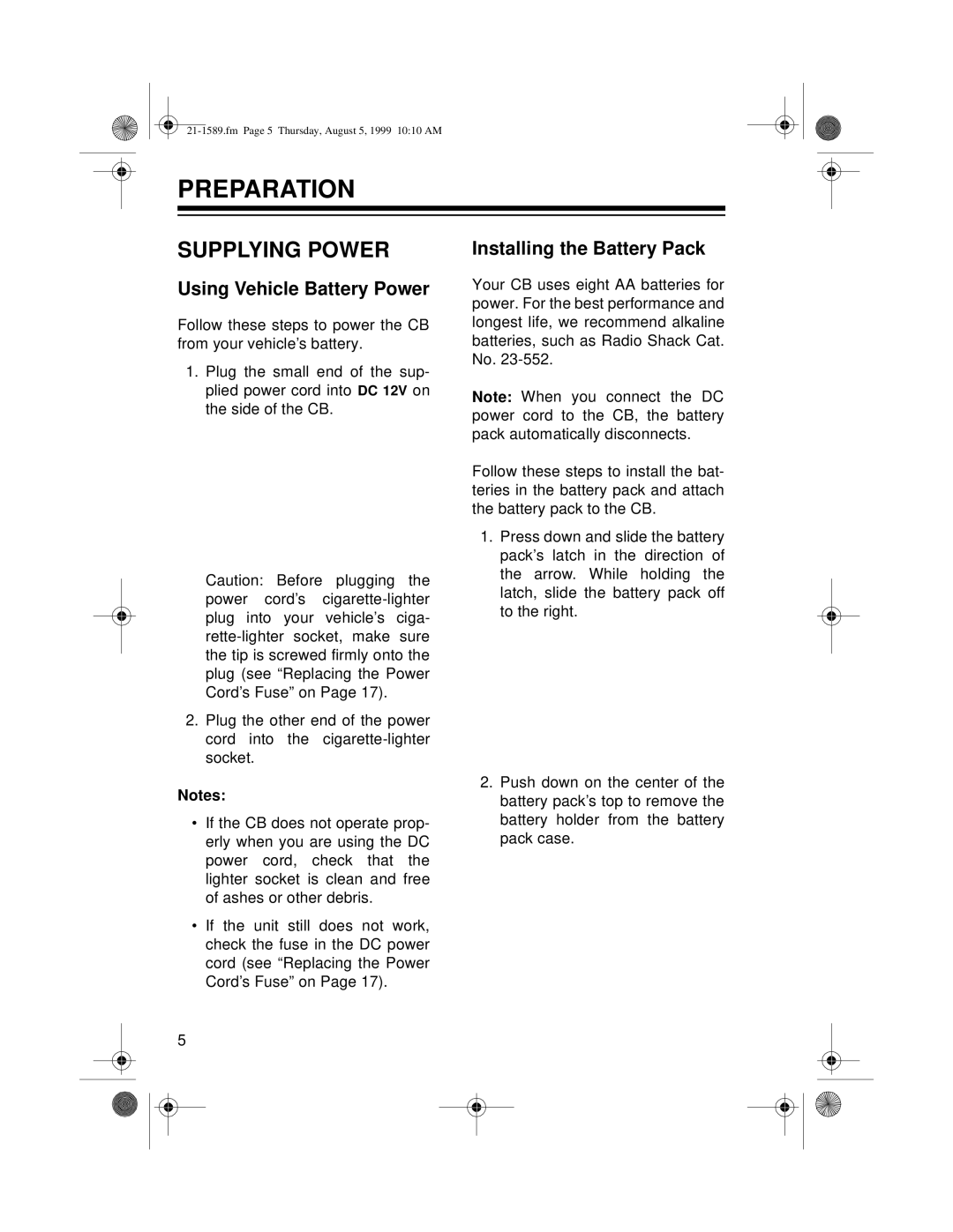 Radio Shack TRC-494 owner manual Preparation, Supplying Power, Using Vehicle Battery Power, Installing the Battery Pack 