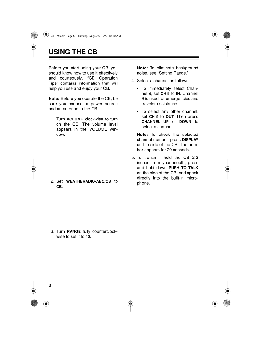 Radio Shack TRC-494 owner manual Using The Cb 