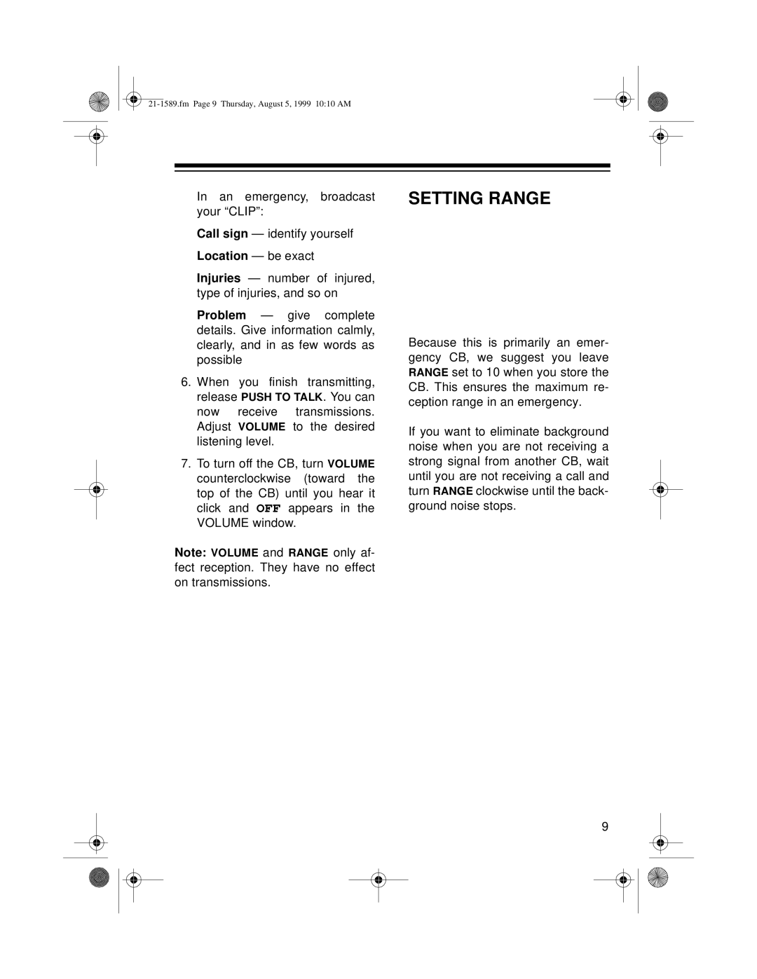 Radio Shack TRC-494 owner manual Setting Range 