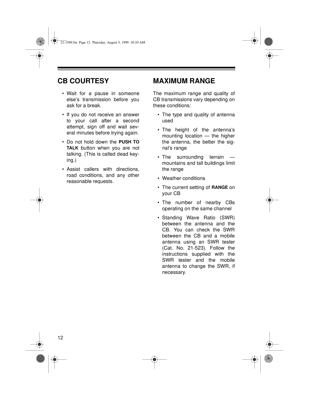Radio Shack TRC-494 owner manual Cb Courtesy, Maximum Range 