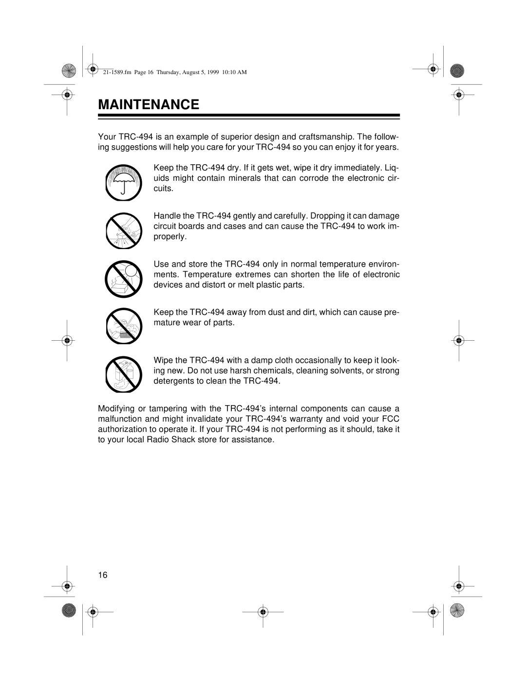 Radio Shack TRC-494 owner manual Maintenance, fm Page 16 Thursday, August 5, 1999 1010 AM 