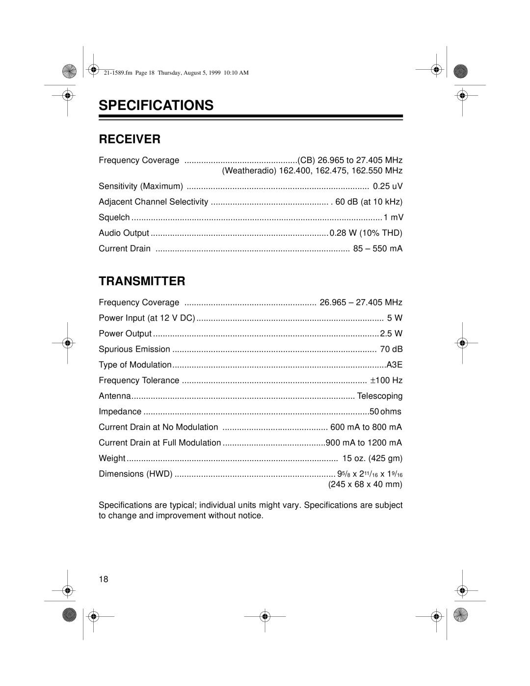 Radio Shack TRC-494 owner manual Specifications, Receiver, Transmitter 