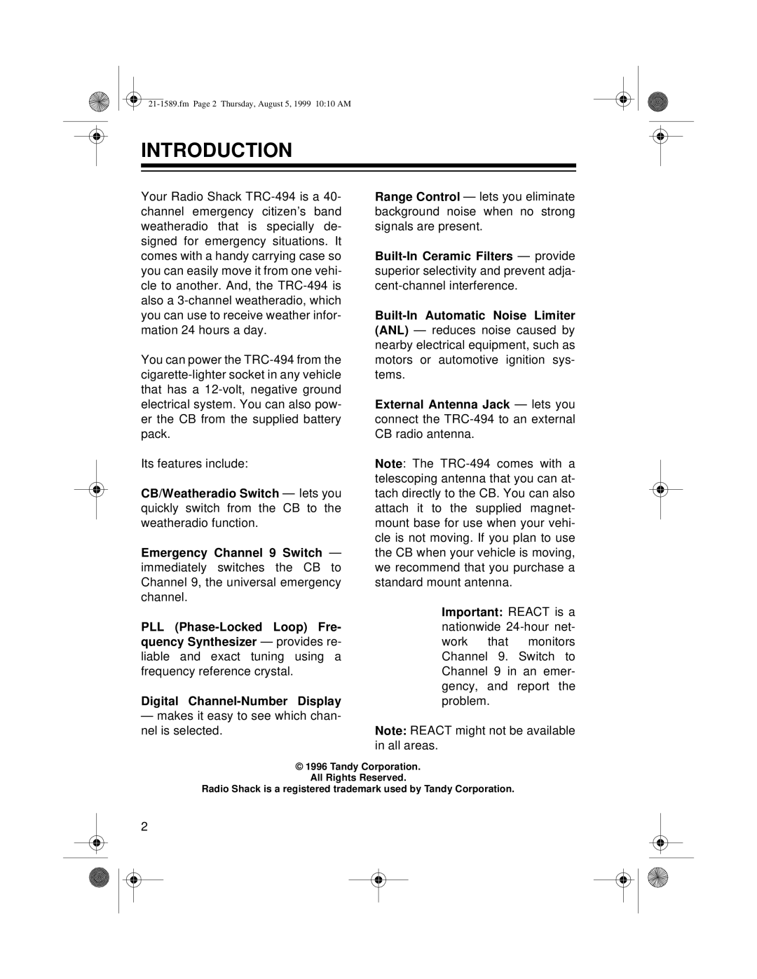 Radio Shack TRC-494 owner manual Introduction 