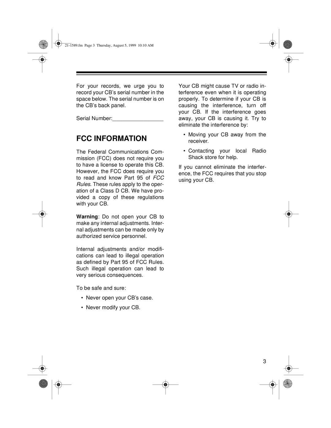 Radio Shack TRC-494 owner manual Fcc Information 