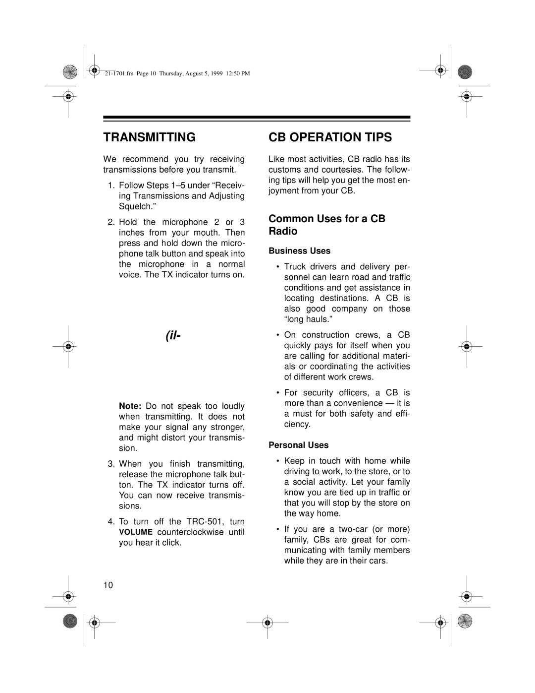 Radio Shack TRC-501 owner manual Transmitting, CB Operation Tips, Common Uses for a CB Radio 