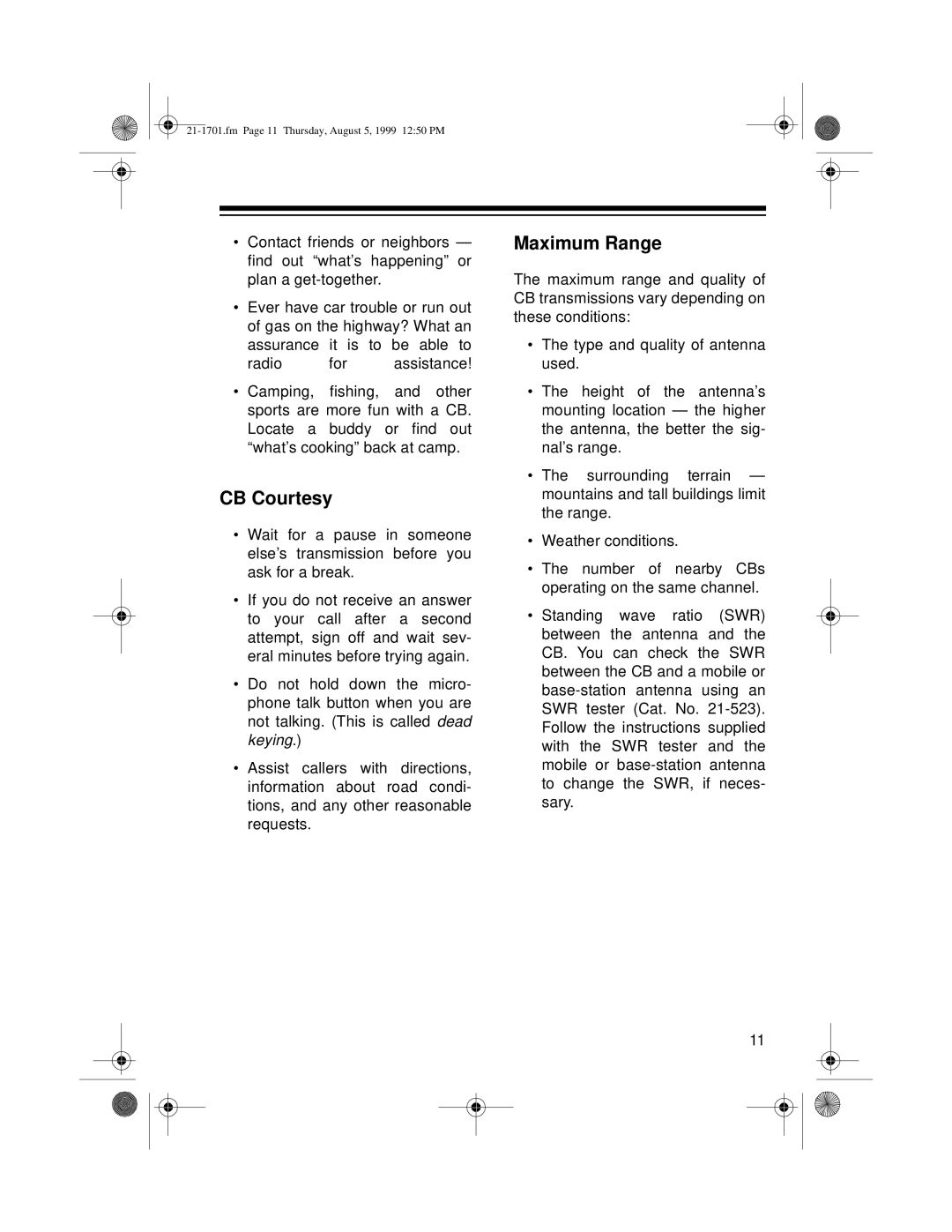 Radio Shack TRC-501 owner manual CB Courtesy, Maximum Range 