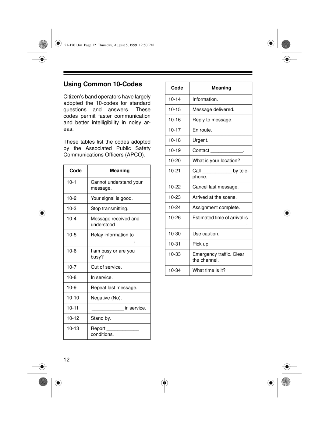 Radio Shack TRC-501 owner manual Using Common 10-Codes, Code Meaning 